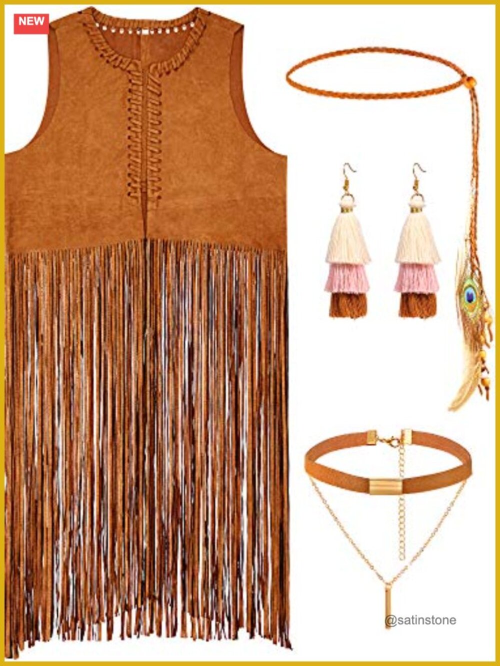 Hippie Costume Set Fringe Vest Tassel Earrings Headband Necklace 4 Pieces